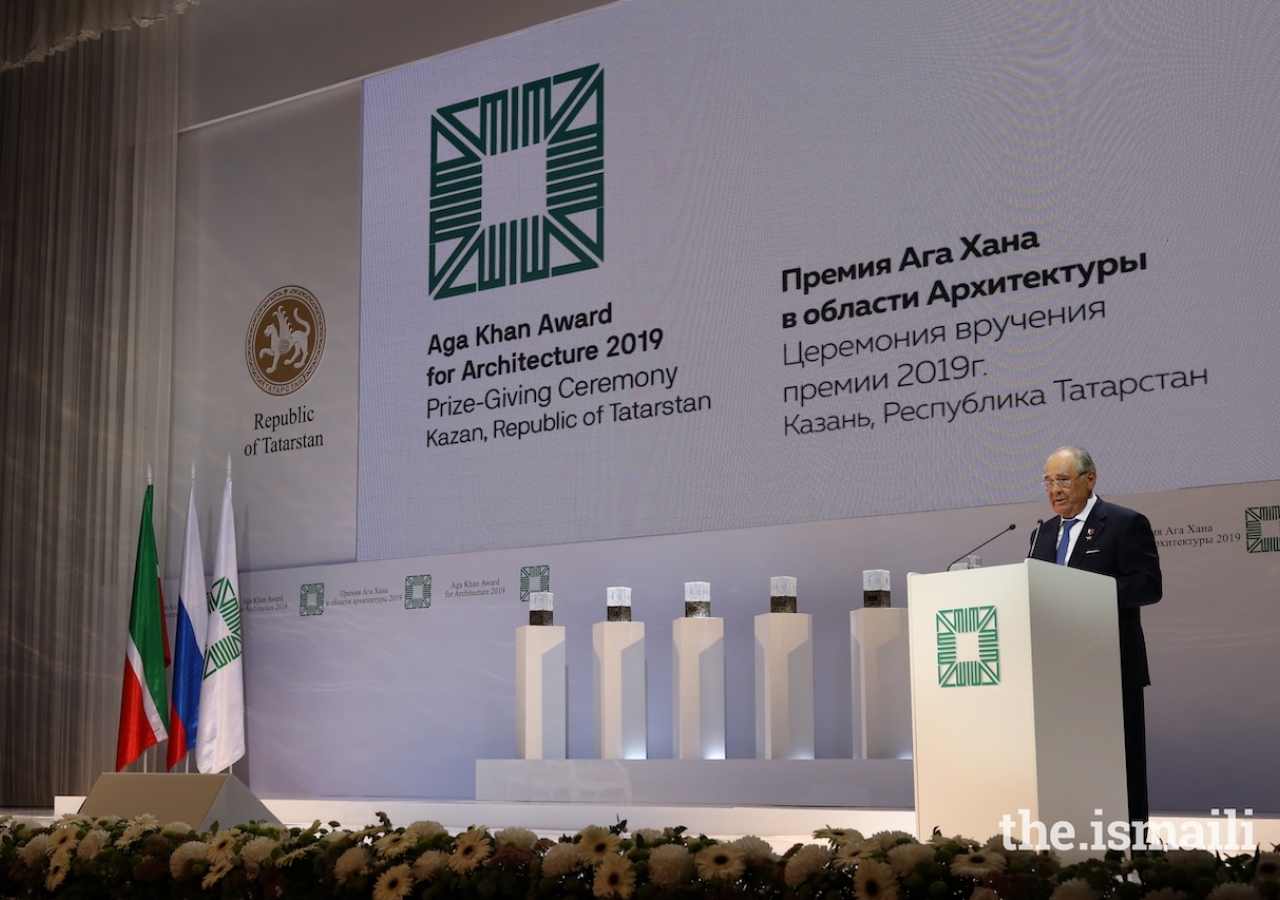 Mintimer Shaimiev, State Councellor of Tatarstan delivers remarks at the Aga Khan Award for Architecture Ceremony in Kazan on 13 September 2019.