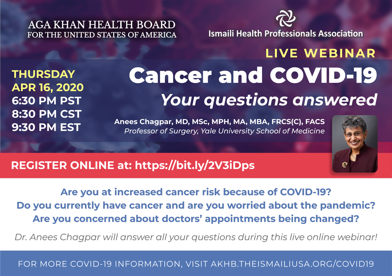 COVID-19 and Cancer: Your Questions Answered - April 16, 2020 at 9:30 p.m.  EDT, 8:30 p.m. CDT, 6:30 p.m PDT