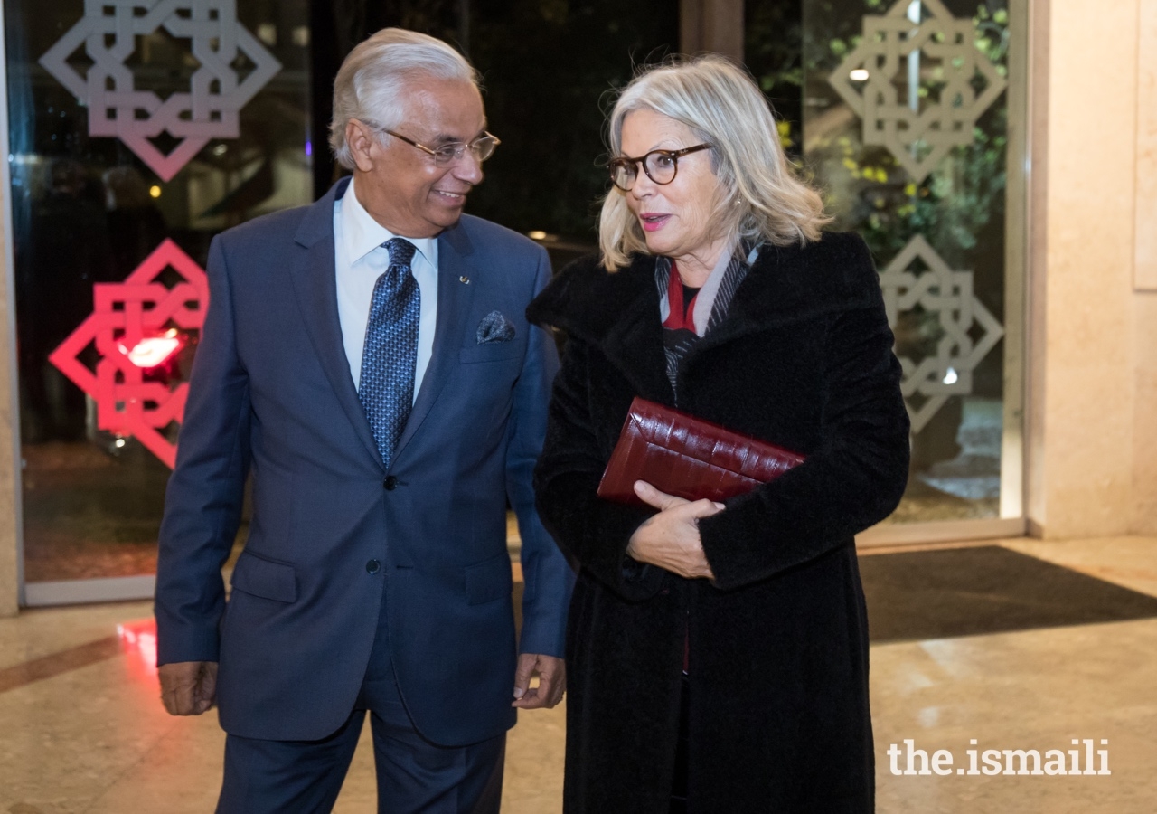 Mrs Edite Estrela, Vice President of the Portuguese Republic Assembly is welcomed to the Ismaili Centre Lisbon by Nazim Ahmad, Diplomatic Representative of the Ismaili Imamat to the Portuguese Republic.