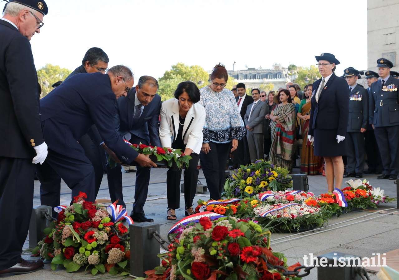 Leaders of the Jamat lay a wreath at the memorial event to recognise all who fought alongside France during the First World War a century ago.