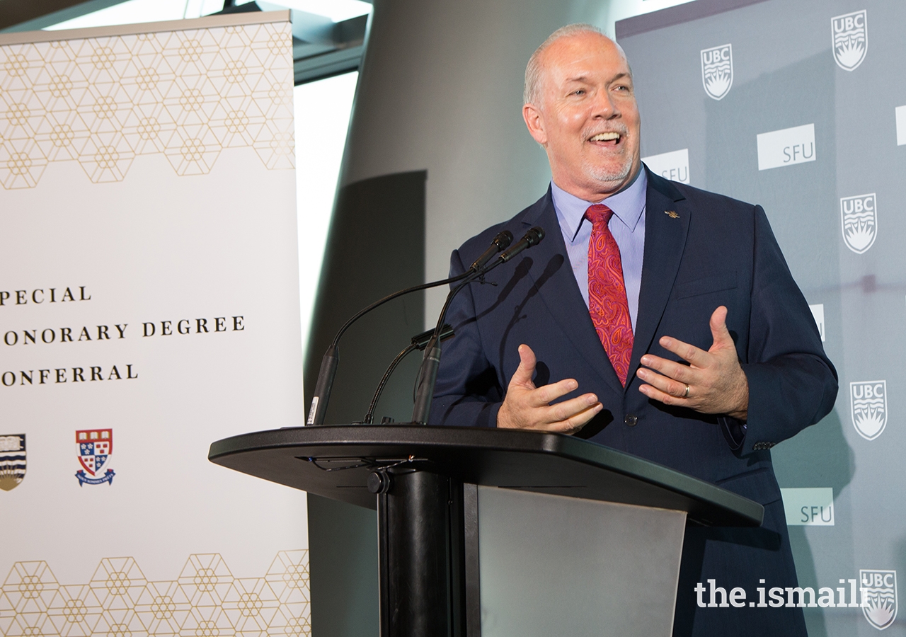 British Columbia Premier John Horgan addresses the crowd at a reception following the honorary degree conferral ceremony.