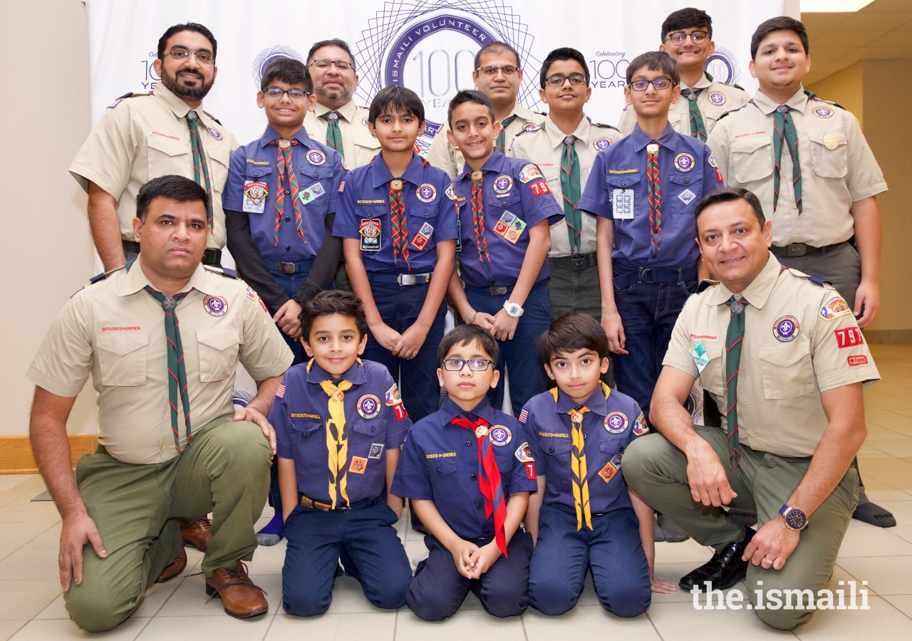 Boy Scouts and Cub Scouts of San Antonio Jamatkhana, together with their troop leaders.
