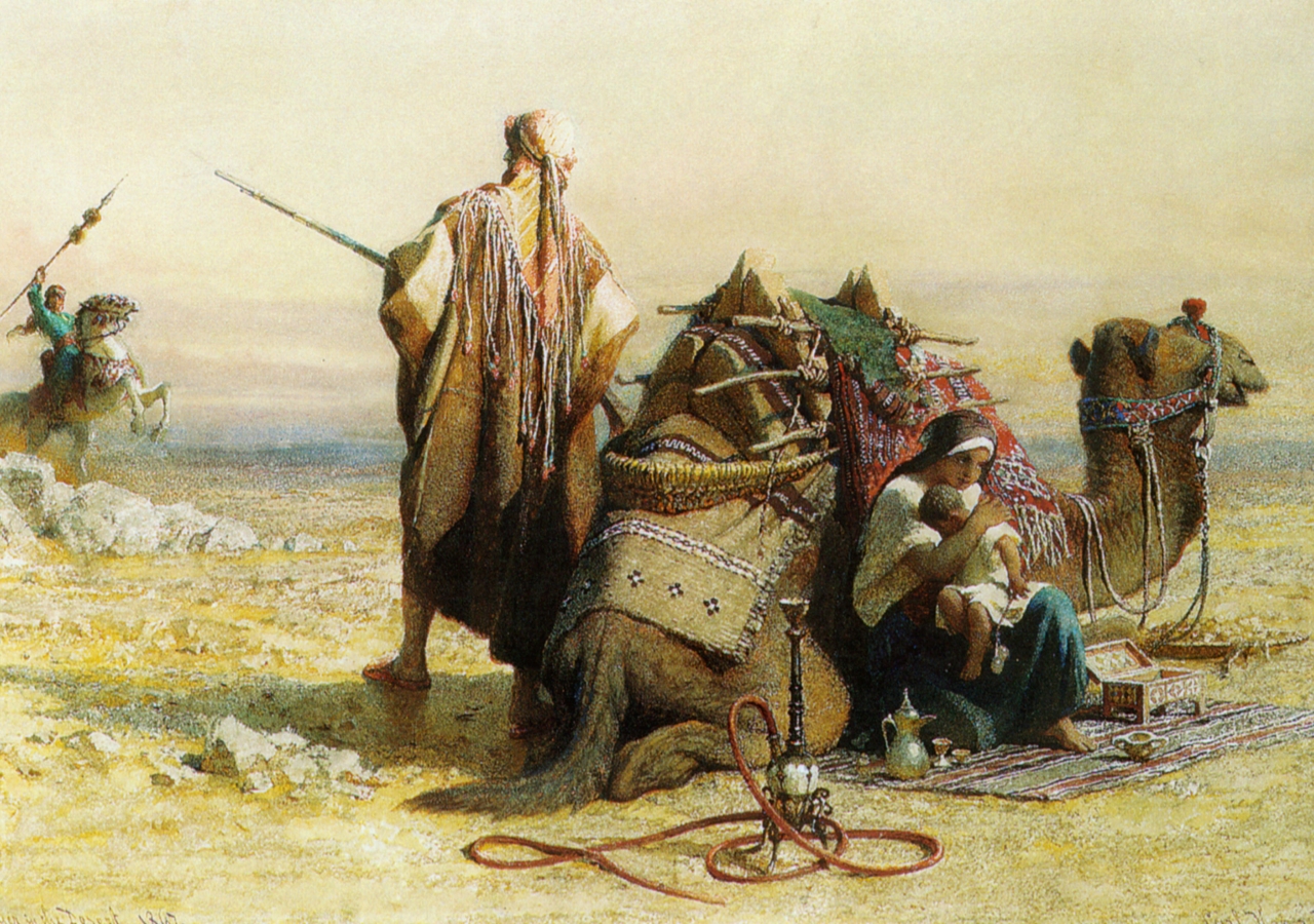 “Danger in the Desert” by Carl Haag (1867). European orientalist artists often depicted the Muslim world through a lens of violence, barbarism, backwardness, exoticness, and in other cases, presenting women as oppressed.