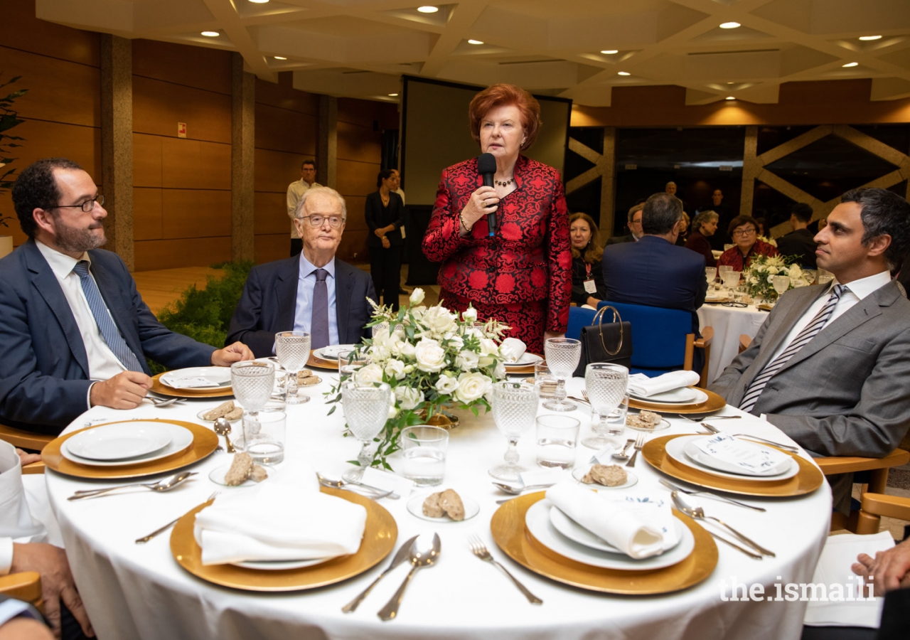 Vaira Vike-Freiberga, President of the WLA-Club of Madrid addresses guests, while the Secretary of State of Education João Costa, former President of Portugal Jorge Sampaio, and Ismaili Council President Rahim Firozali look on.