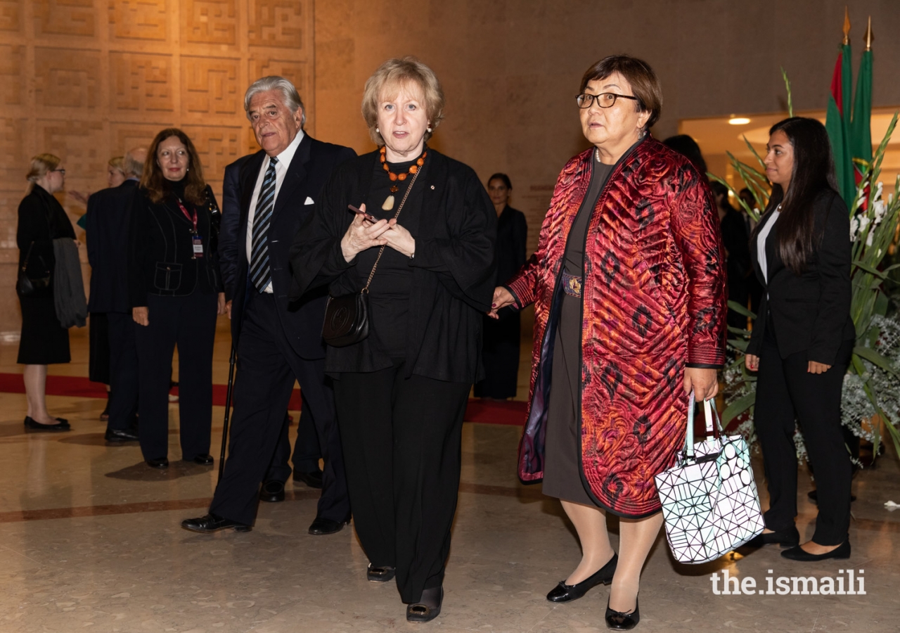 (L to R) Former President of Uruguay Luis Alberto Lacalle, Former Prime Minister of Canada Kim Campbell, and Former President of the Kyrgyz Republic Roza Otunbayeva arrive at the Ismaili Centre Lisbon for the evening reception.