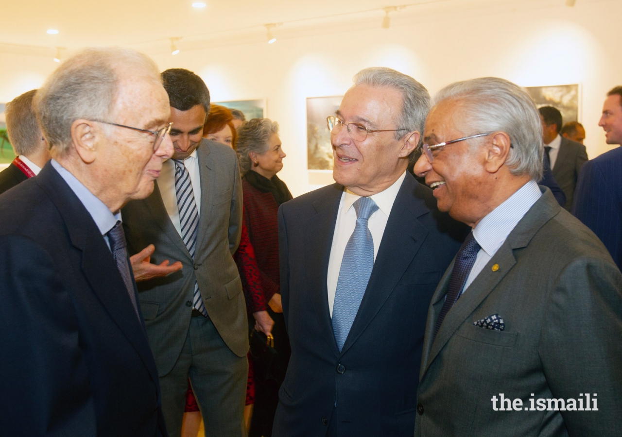Jorge Sampaio, former President of Portugal (left) in conversation with Ambassador Vasco Valente, and Nazim Ahmad, Diplomatic Representative of the Ismaili Imamat.