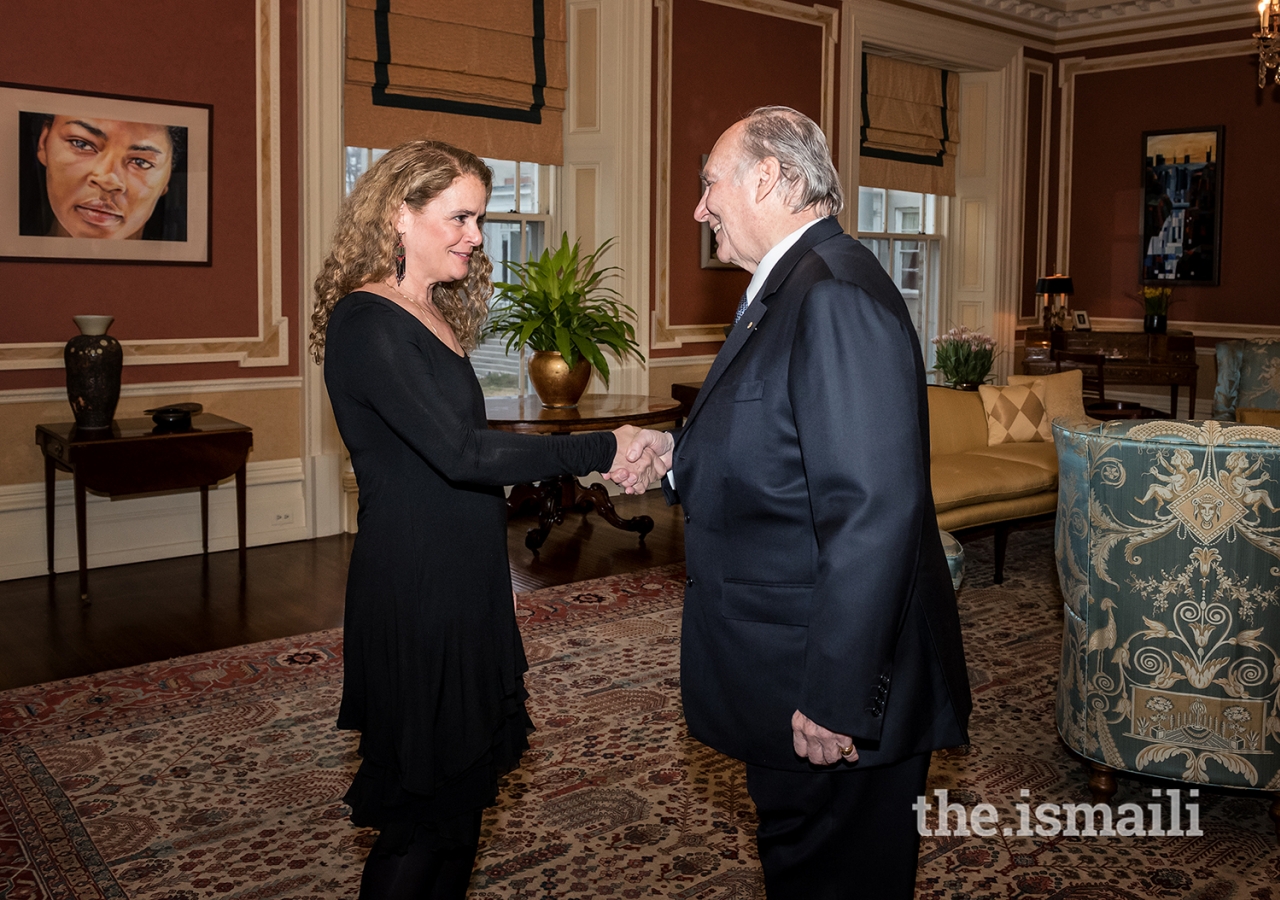 Her Excellency the Right Honourable Julie Payette, Governor General of Canada, welcoming Mawlana Hazar Imam to Rideau Hall for a celebration of his contributions to the world during his 60 years of leadership as Imam of the Shia Ismaili Muslim community.