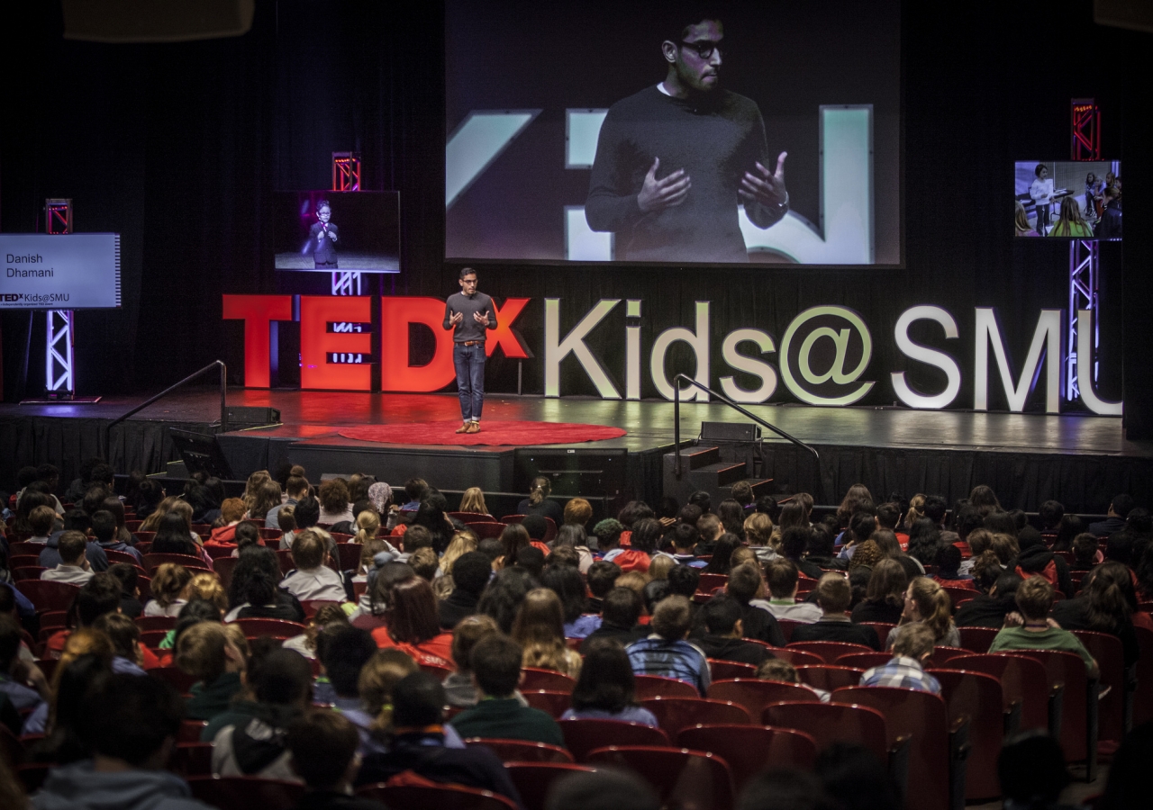 Danish Dhamani, CEO of Orai, presenting a TEDx talk on public speaking.