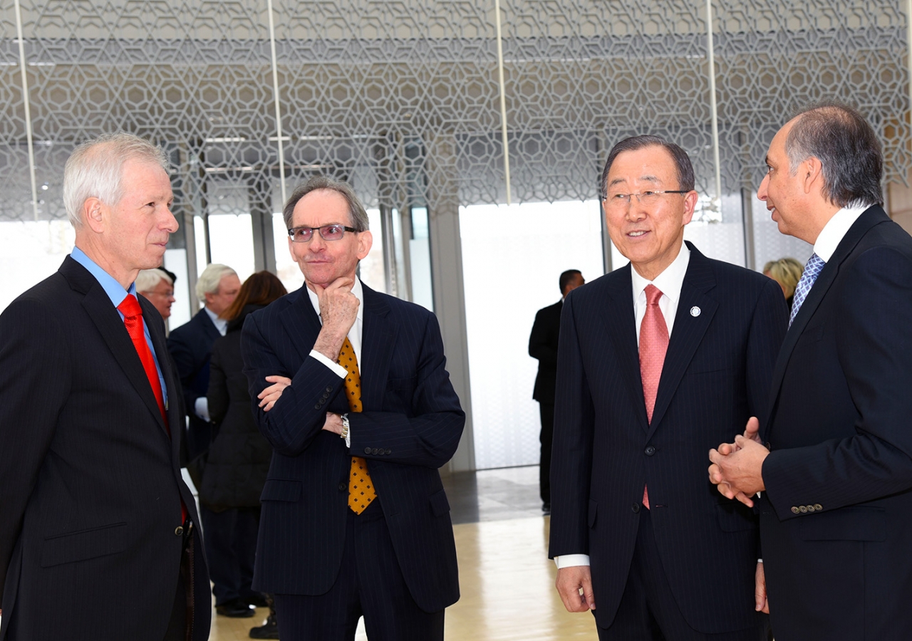 UN Secretary-General Ban Ki-moon with AKDN Representative Dr Mahmoud Eboo, Global Centre for Pluralism Secretary-General John McNee, and Canadian Foreign Affairs Minister Stéphane Dion, at the Delegation of the Ismaili Imamat in Ottawa. AKDN / Safiq Devji