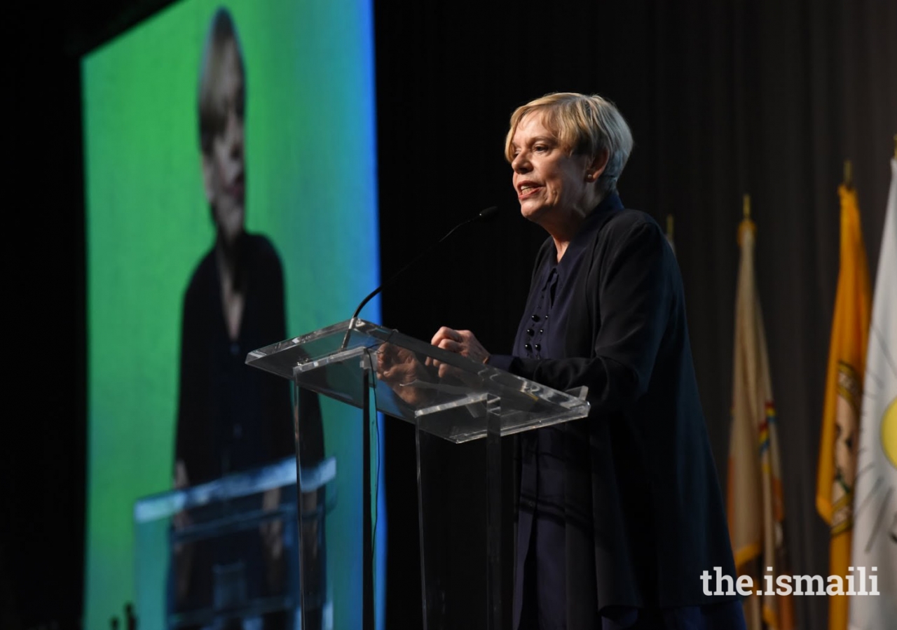 Karen Armstrong addressing the audience at the 2015 Parliament of World Religions, Salt Lake City, UT.