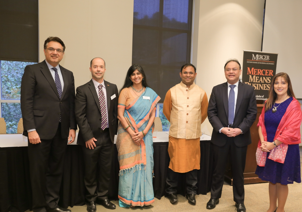 From L: Pres Murad Abdullah, Council for Southeastern US; Dr Weber, Assoc Dean of Mercer Business School; Dr Subrahmanyam, Prof of Finance; Dr Nayak, Asst Prof of Economics; with Consul General of India, Nagesh Singh, and Farida Nurani, Council for SE