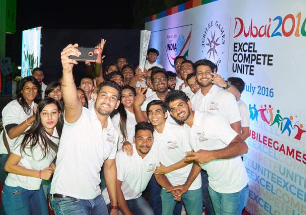 Athletes celebrate with the Jubilee Games Fanous in Mumbai. Shams Maredia