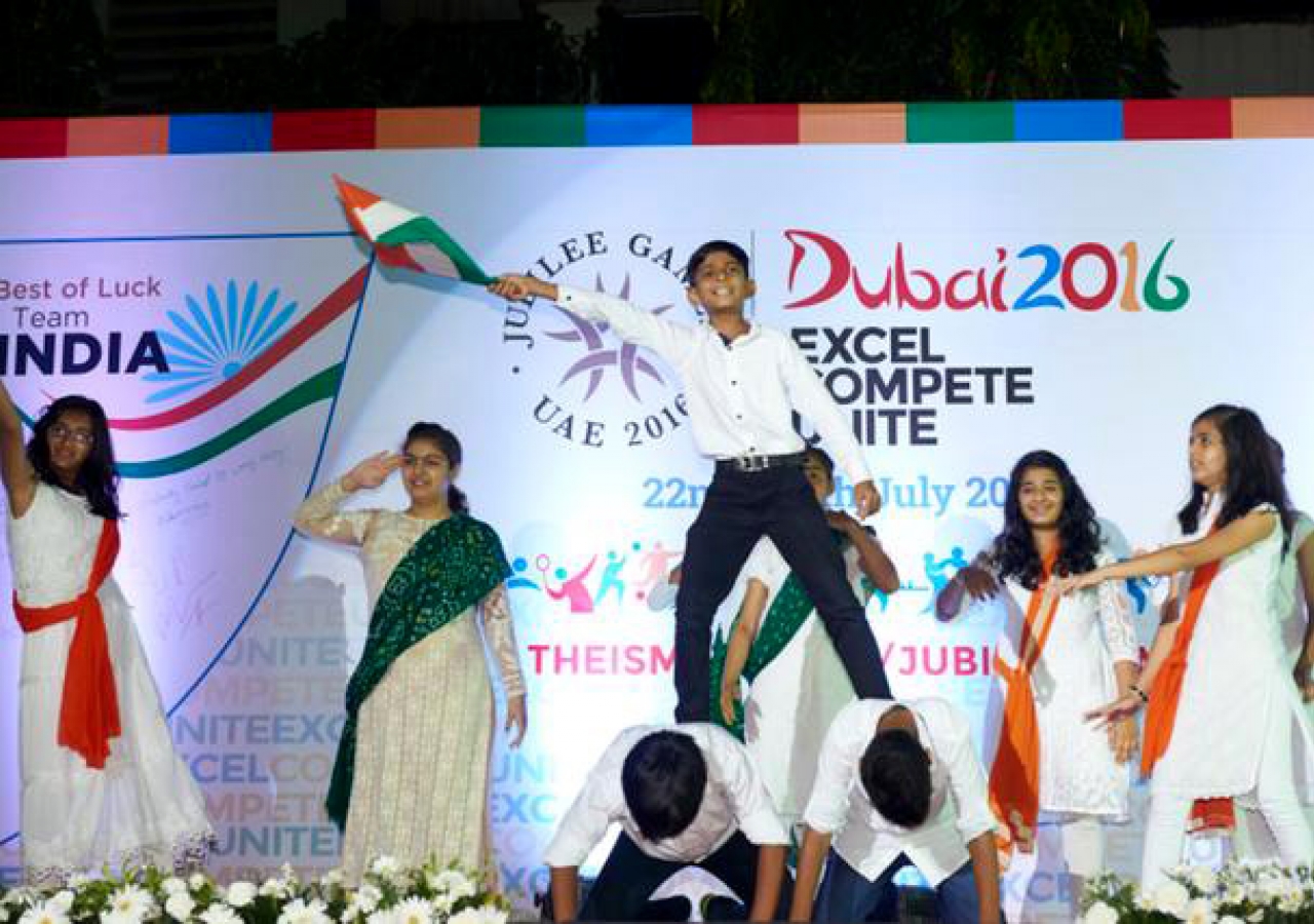 Youth perform a song in celebration of India&#039;s 2016 Jubilee Games team. Shams Maredia
