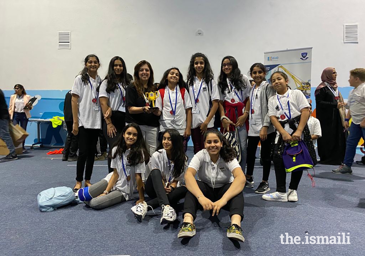 Young girls from the Dubai Jamat form the Oceans X team, the winning team of the Innovation Award at the UAE First Lego League Competition.
