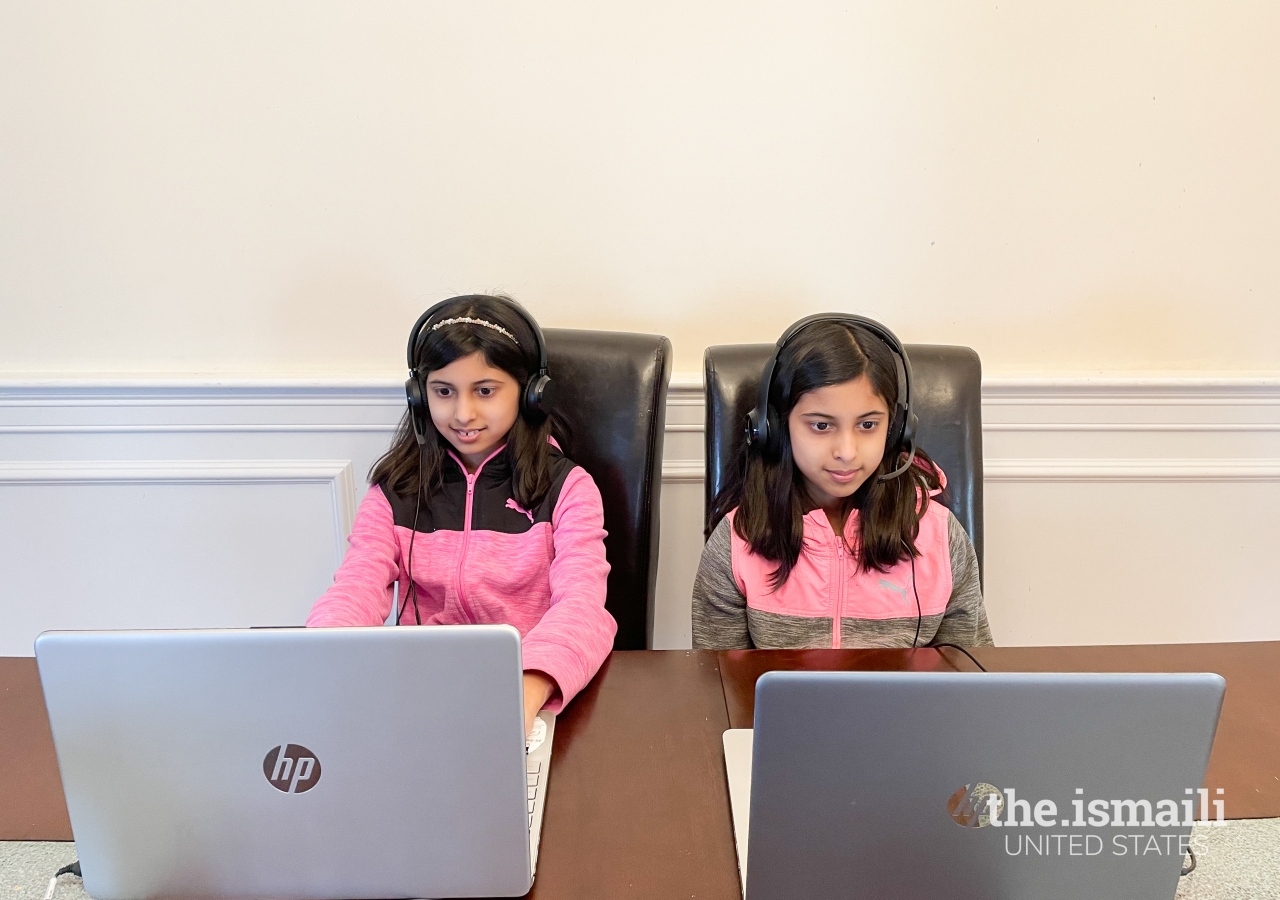 The twins, Sophia and Simal Ali, learning virtually