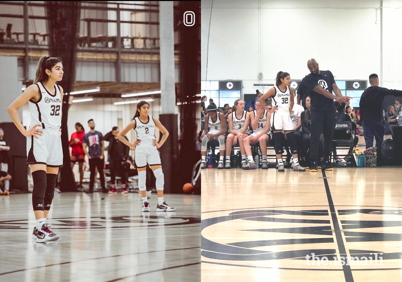 Annika Jiwani with teammate Gianna Bryant. Right: Kobe Bryant giving pointers to Annika.