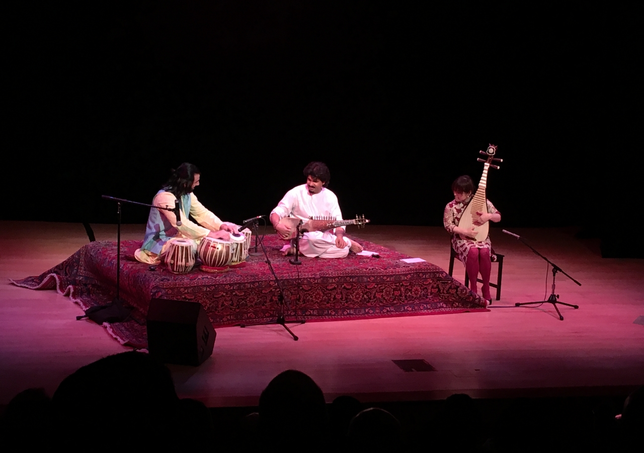 Afghan rubâb player Homayoun Sakhi (center)  percussionist Salar Nader, and Chinese pipa player Wu Man, at the Aga Khan Music Initiative Concert in New York at the Asia Society Annual Dinner