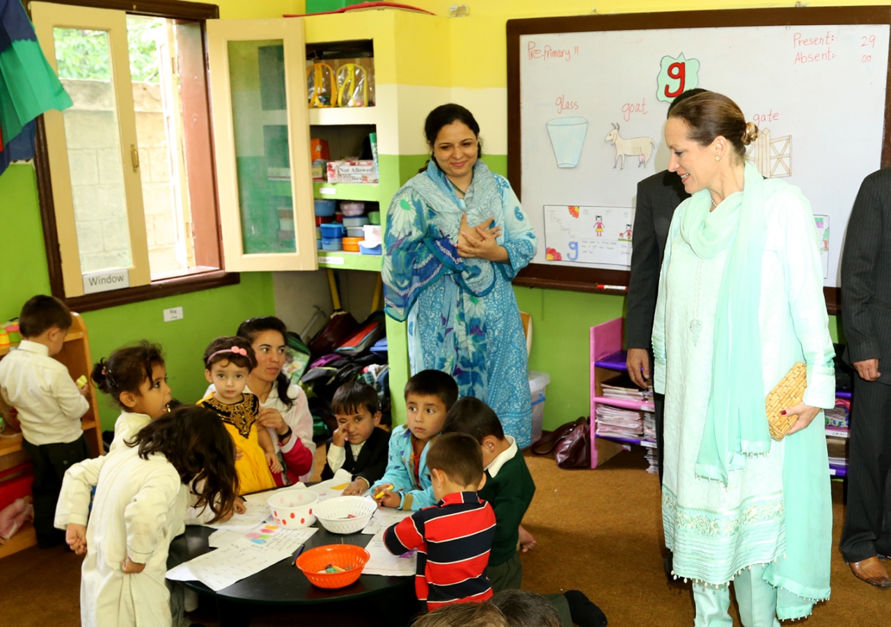 Princess Zahra visits with students in the Early Childhood Development programme at the Diamond Jubilee Model High School in Rahimabad. Rafiq Hakim
