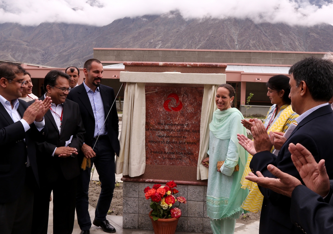 Princess Zahra and Prince Rahim unveil a plaque to mark the inauguration of the Aga Khan Medical Centre in Gilgit. Rizwan Jamil Jaffery