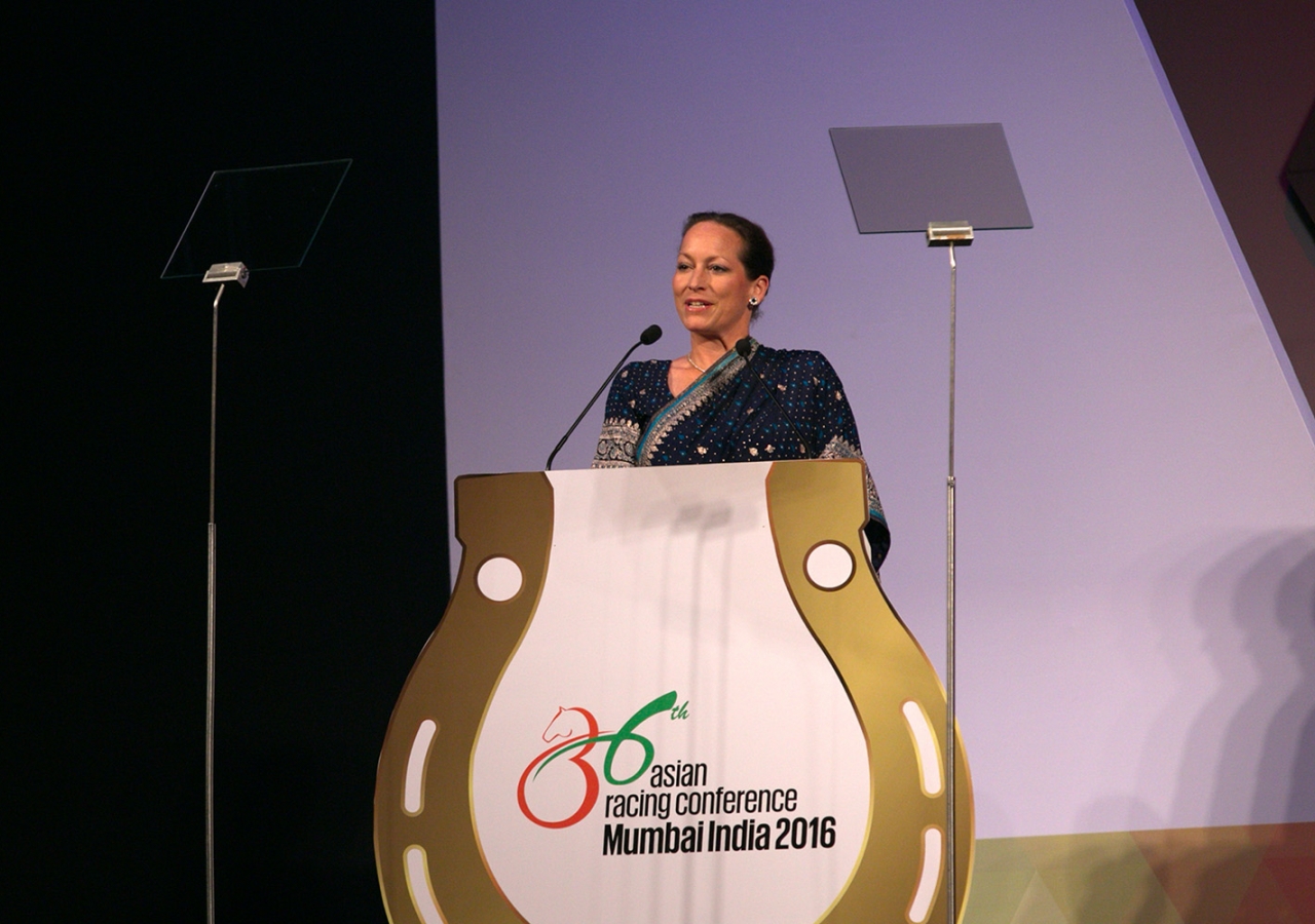 Princess Zahra addresses the Asia Racing Conference in Mumbai, India on 25 January 2016. Ahmed Charania