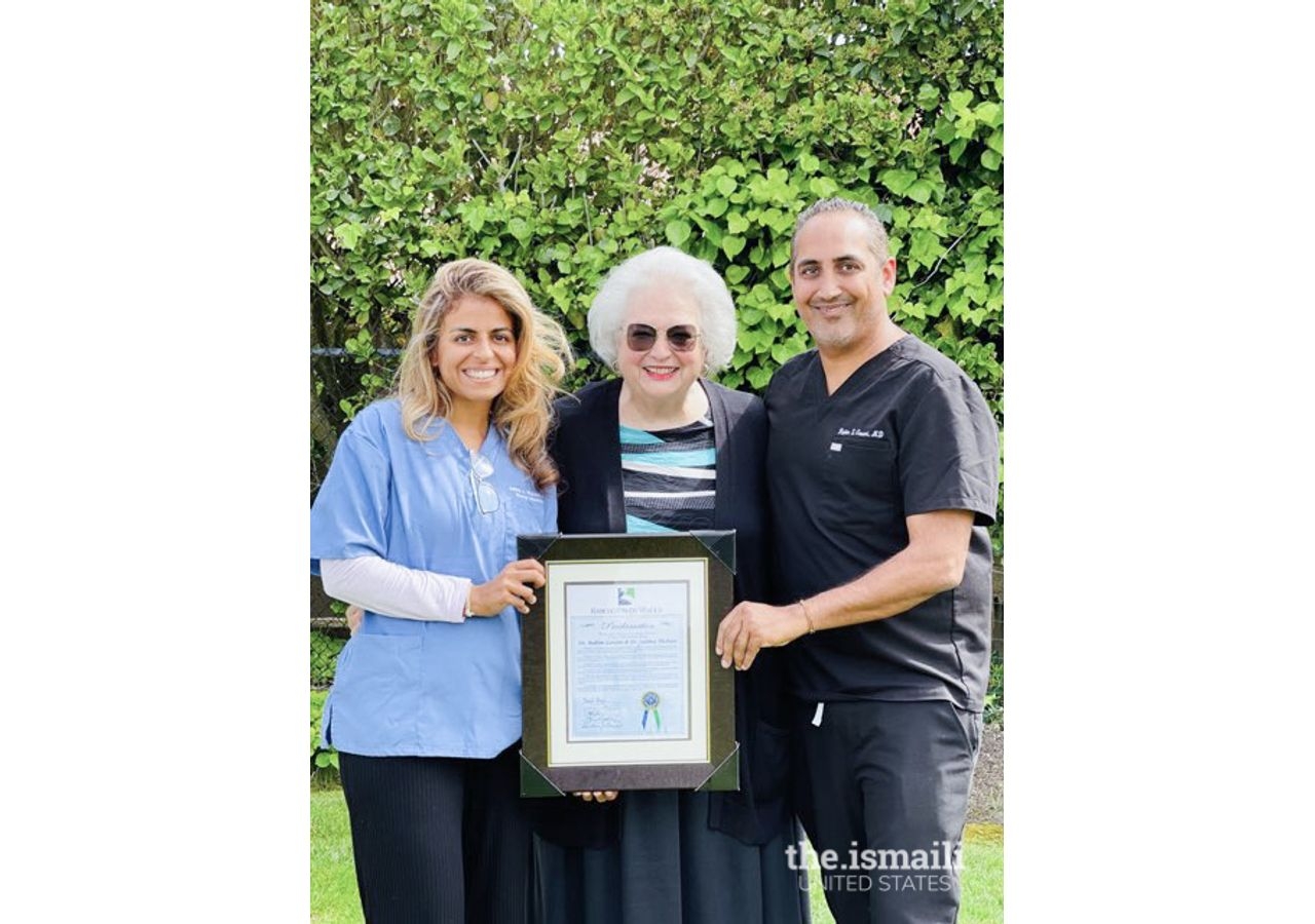 Councilmember Barbara Ferraro of the City of Rancho Palos Verdes with Drs. Salima Thobani and Rahim Govani, and the plaque honoring their life-saving efforts.