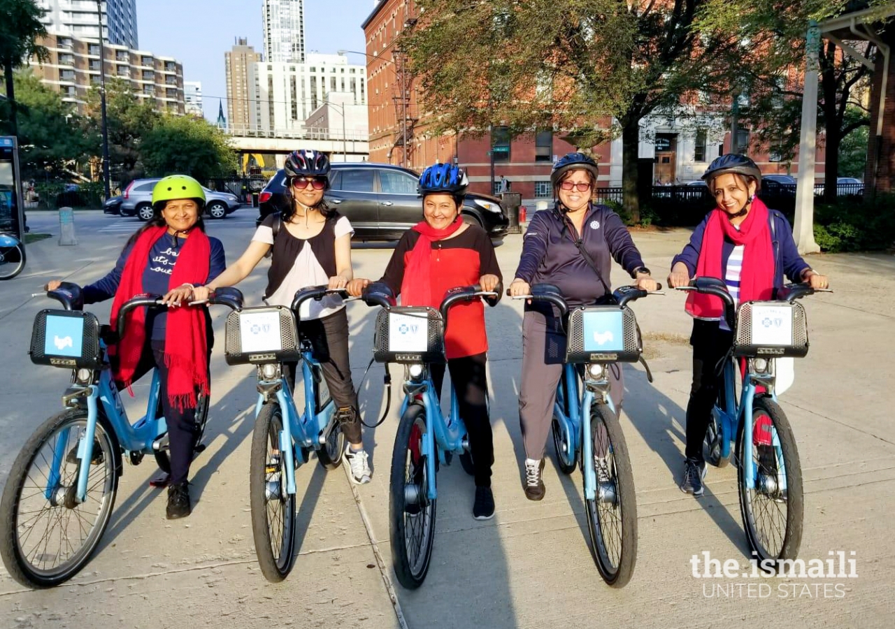 Midwest Ismaili Women's Group biking through the Park District in Chicago.