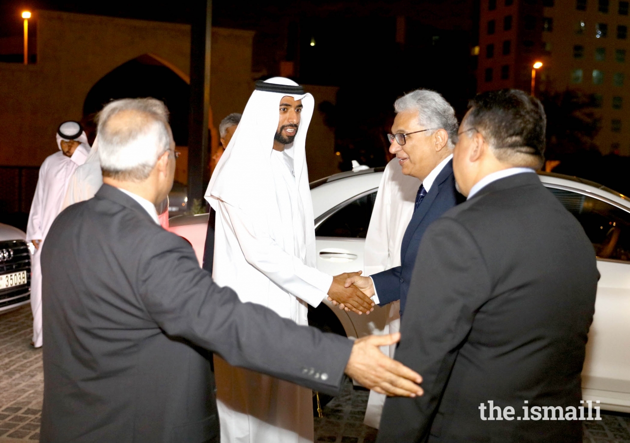 His Excellency Sheikh Mohamed Nahayan Mabarak Al Nahayan being received by the President and Vice President of The Ismaili Council  of United Arab Emirates
