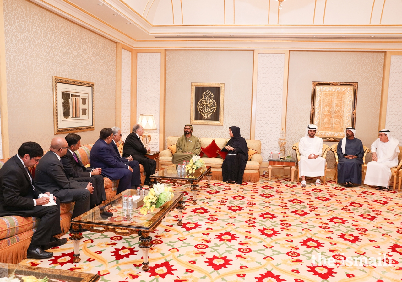 Mawlana Hazar Imam in conversation with His Highness Sheikh Mohammed bin Rashid Al Maktoum and Her Excellency Reem Bint Ebrahim Al Hashimy, together with their respective delegations at the Zabeel Palace in Dubai.