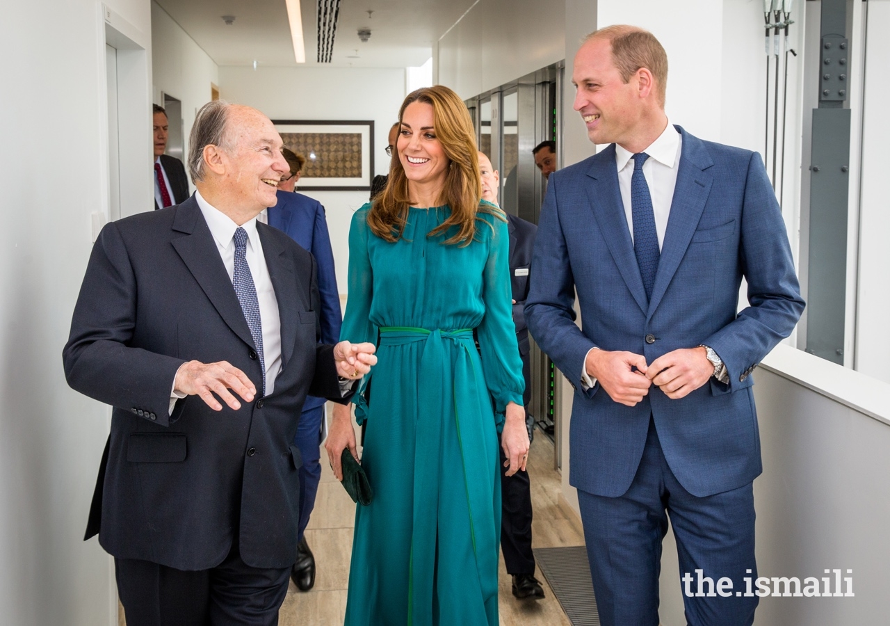 Mawlana Hazar Imam shares a light moment with Their Royal Highnesses the Duke and Duchess of Cambridge.