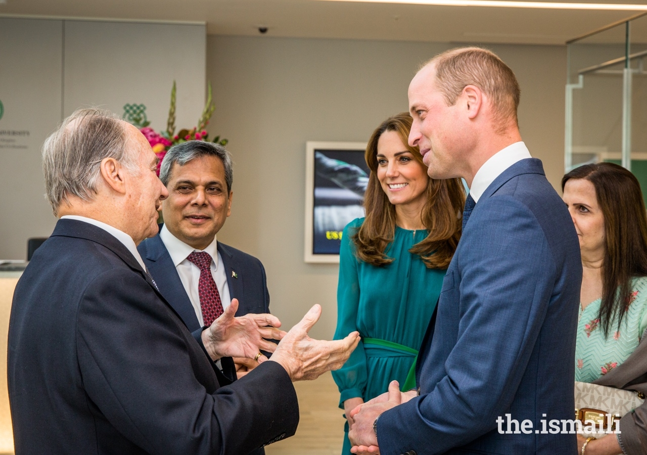 Mawlana Hazar Imam in conversation with Their Royal Highnesses, and the High Commissioner of Pakistan to the UK, His Excellency Mohammad Nafees Zakaria.