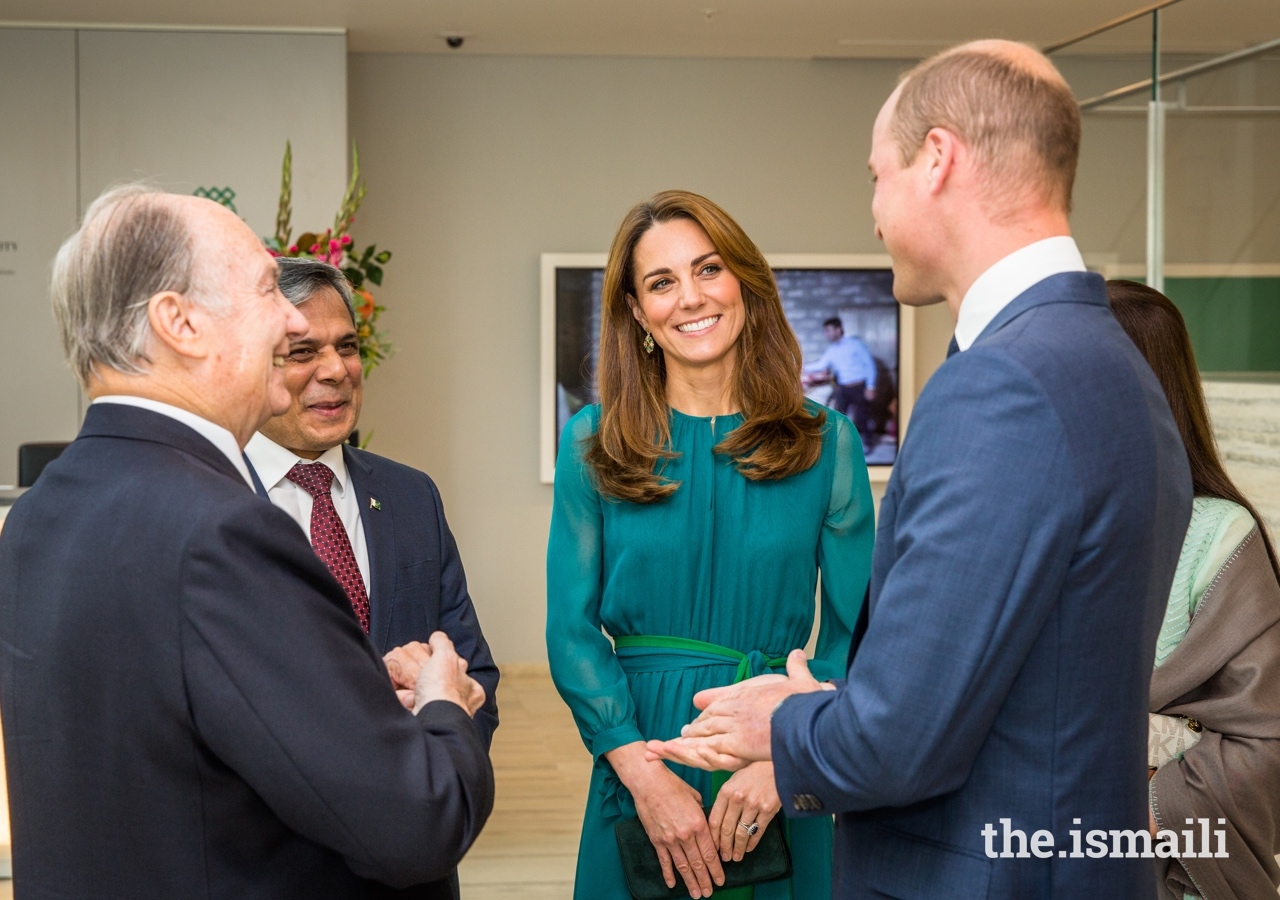 Mawlana Hazar Imam in conversation with Their Royal Highnesses, and the High Commissioner of Pakistan to the UK, His Excellency Mohammad Nafees Zakaria.
