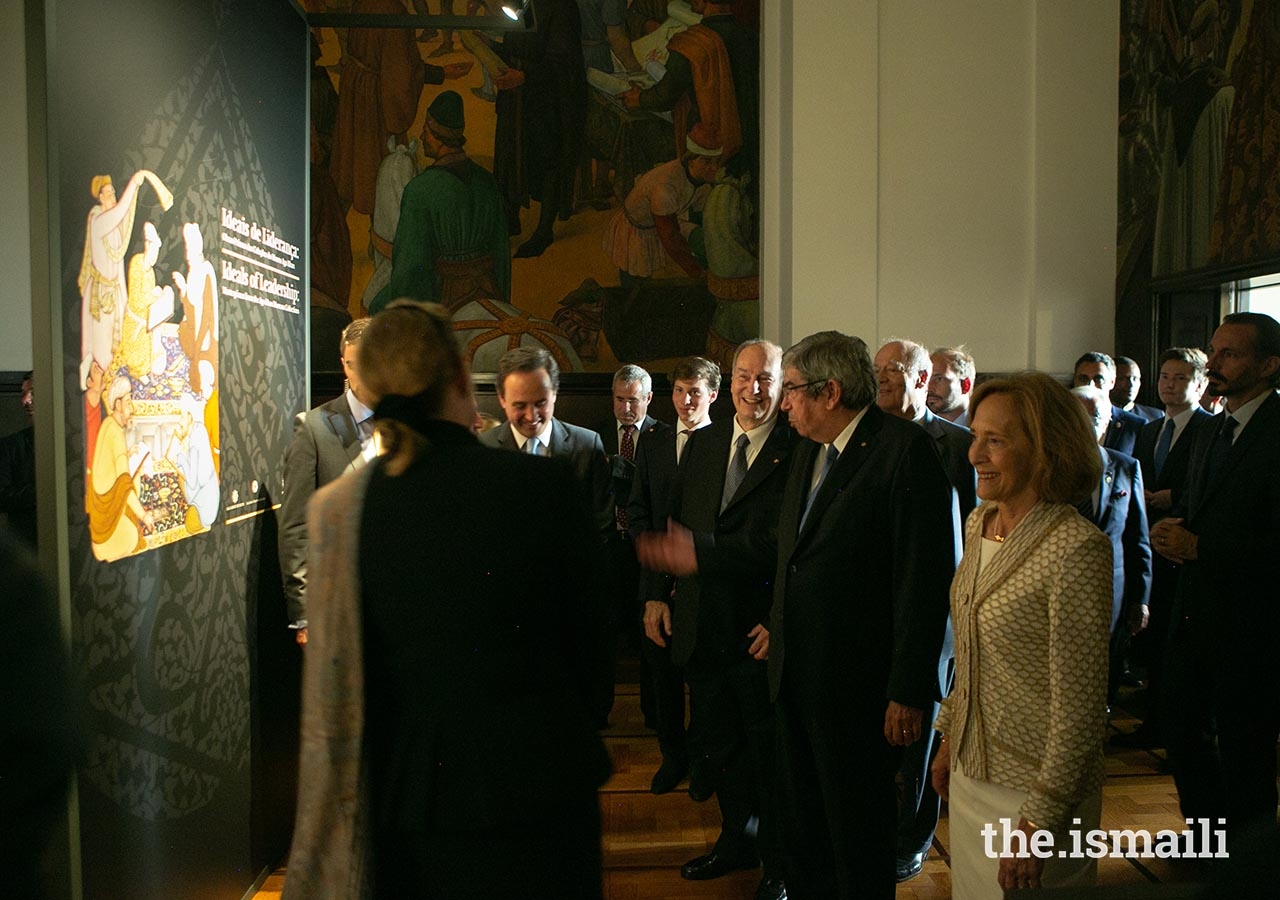 Mawlana Hazar Imam tours the exhibition Ideals of Leadership: Masterpieces from the Aga Khan Museum Collections, hosted at the Parliament building, São Bento Palace in Lisbon.