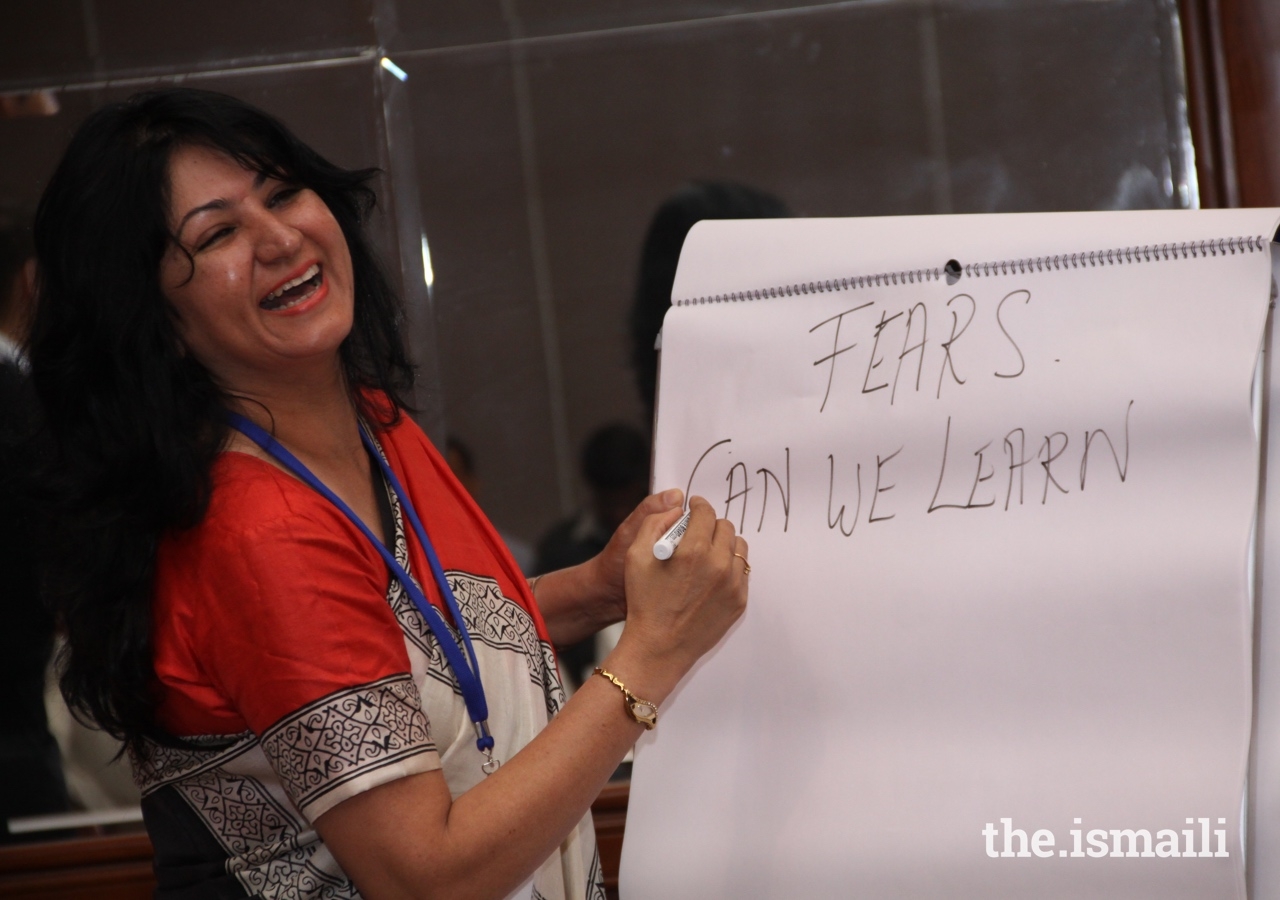 Munira Sen leads a session as part of her work with large audiences on social issues.