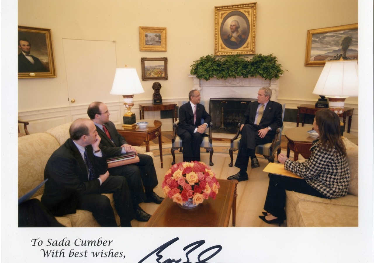 Sada Cumber at a meeting with President Bush and some members of the National Security Council.