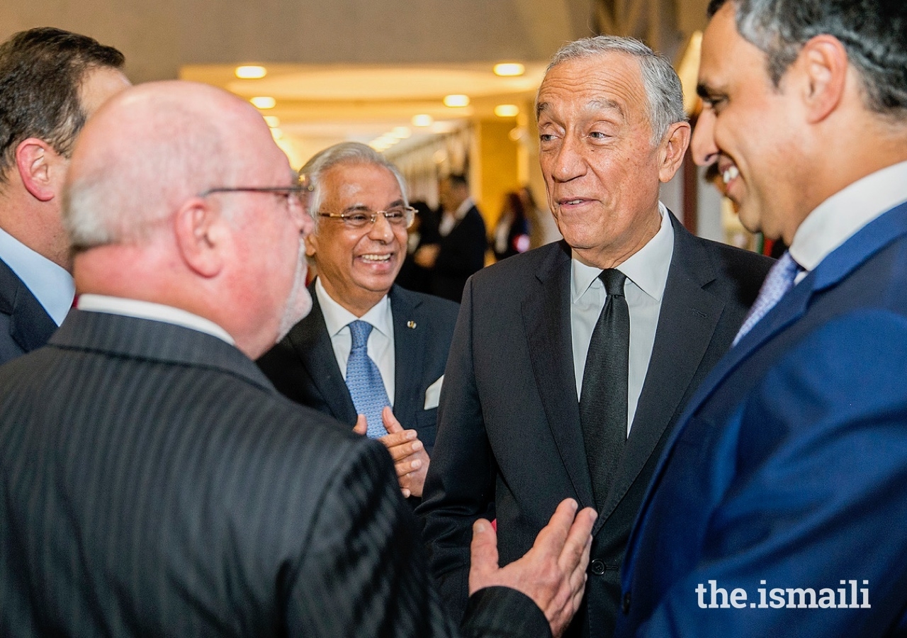Nazim Ahmad and the President of Portugal Marcelo Rebelo de Sousa, President of the Ismaili Council for Portugal Rahim Firozali, Minister of Agriculture, Forests and Rural Development Luís Capoulas dos Santos, and the Mayor of Lisbon Fernando Medina.