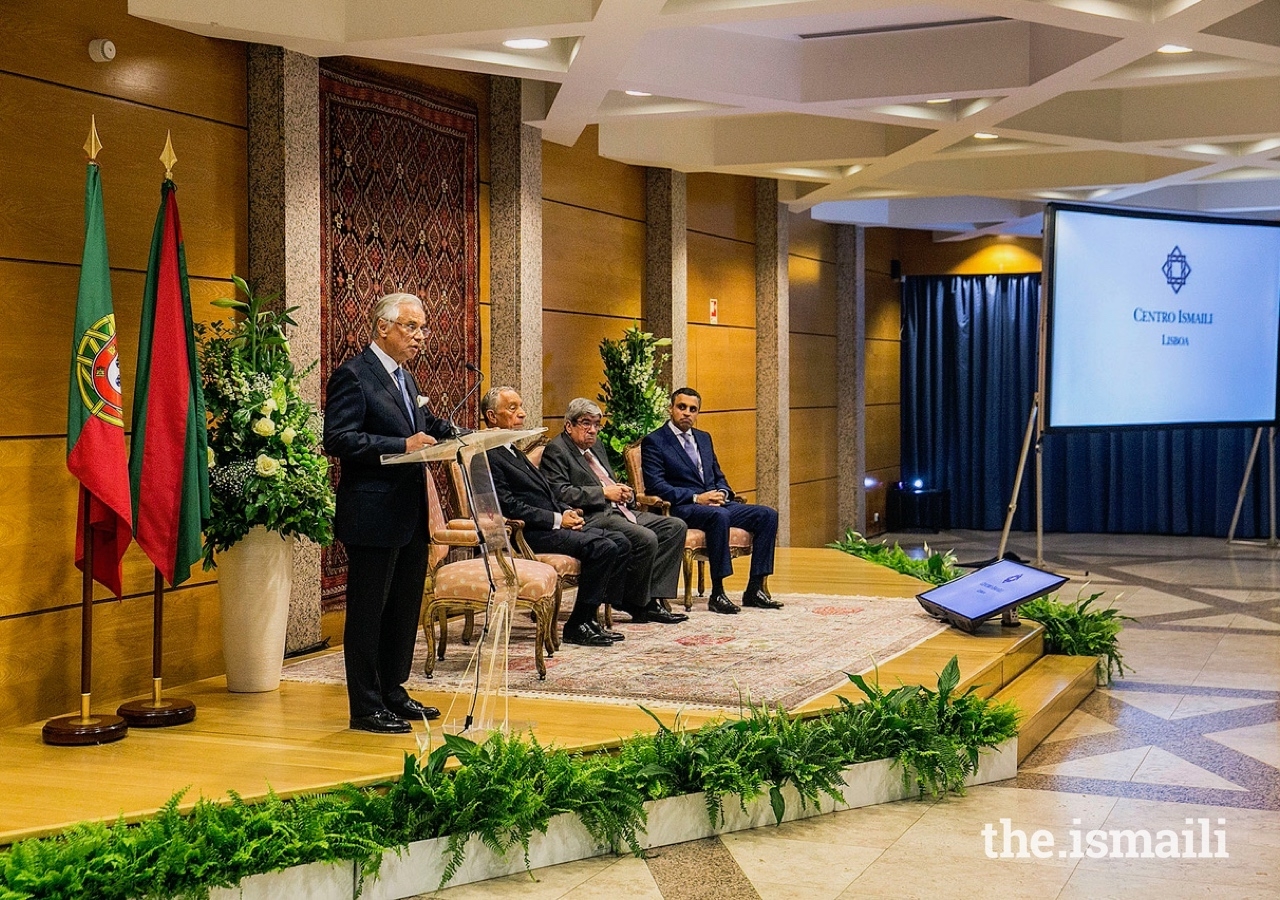 Diplomatic Representative of the Ismaili Imamat to the Portuguese Republic, Nazim Ahmad, delivers remarks to guests gathered at an event to commemorate the 20th anniversary of the Ismaili Centre Lisbon.