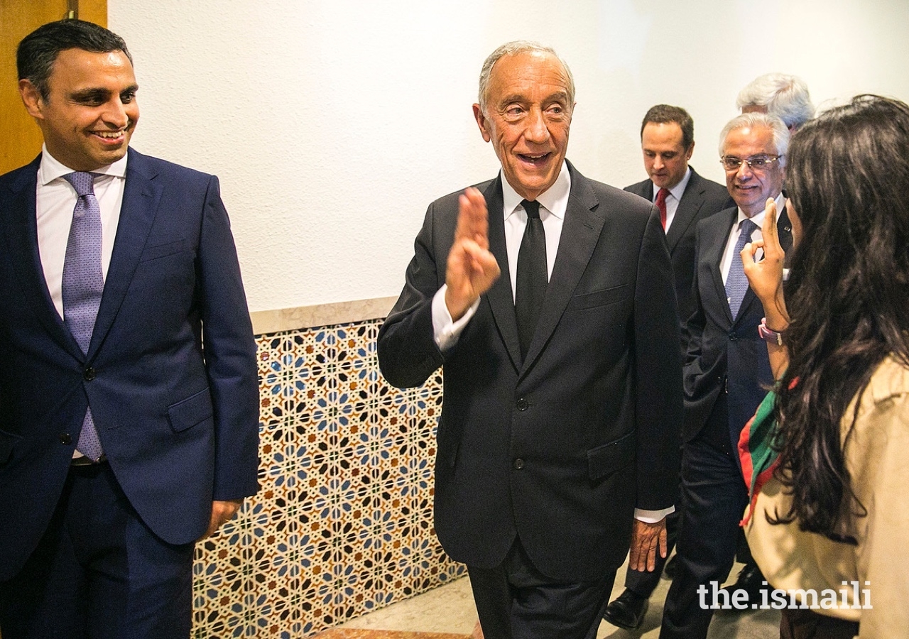 President of the Portuguese Republic, Marcelo Rebelo de Sousa, greets the Aga Khan Scouts at the Ismaili Centre Lisbon. 