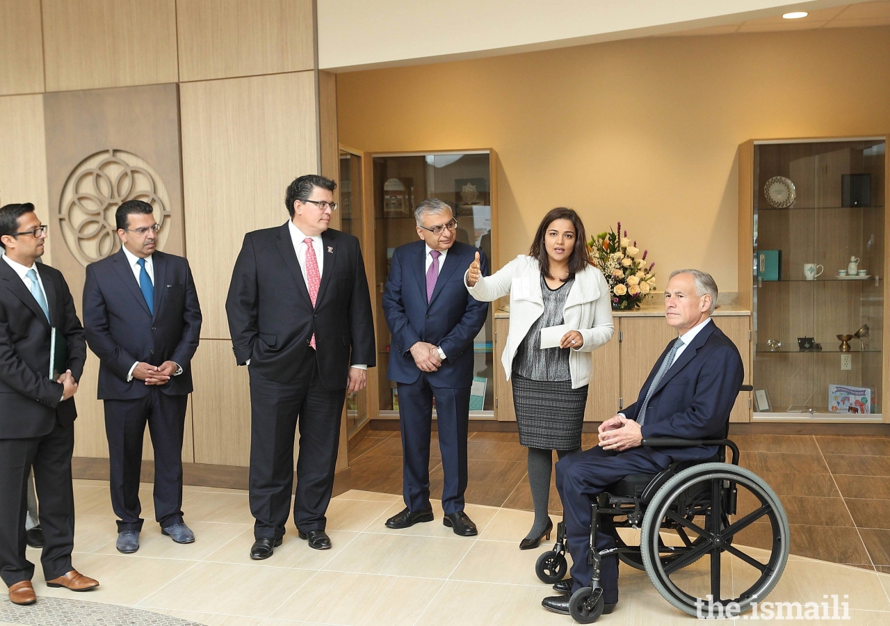 Prior to the opening ceremony, Governor Greg Abbott was given a tour of the Jamatkhana and the Ethics in Action exhibition.