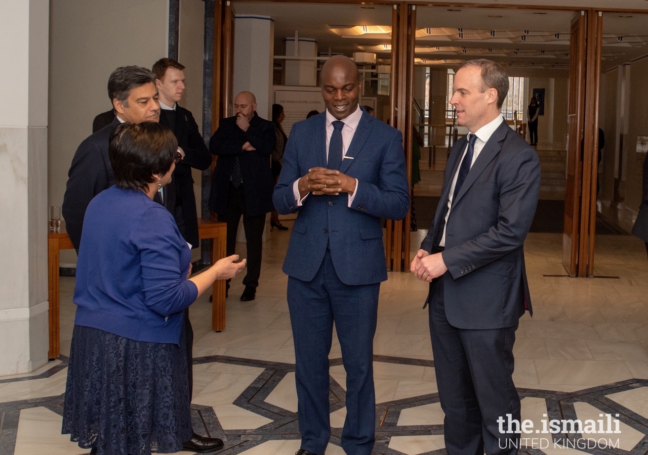 Dominic Raab, Secretary of State for Foreign and Commonwealth Affairs, and Shaun Bailey, Member of the London Assembly are welcomed to the Ismaili Centre London with a guided tour of the building.