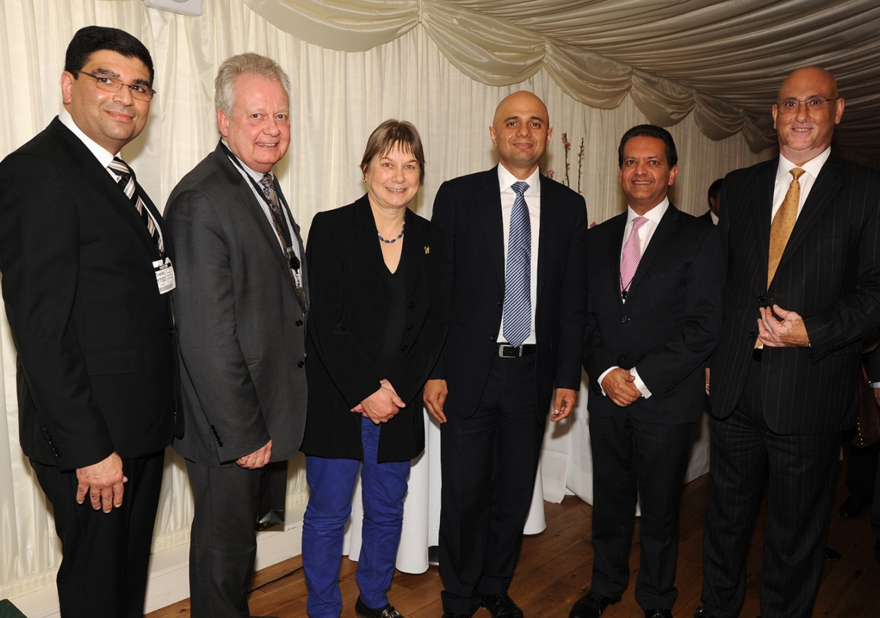 MPs Angie Bray, Eric Ollerenshaw and Secretary of State Sajid Javid, with Ismaili Council President Amin Mawji and other Jamati leaders at the Houses of Parliament Navroz reception. Riaz Kassam