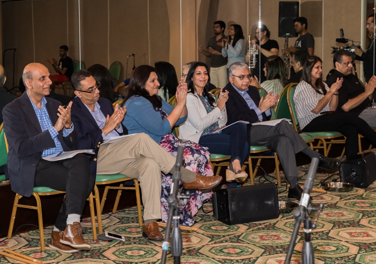 Reviewing a rehearsal in LA, from left: Zahir Ladhani, VP, Council for USA, Al-Karim Alidina, Chairman, ITREB USA, Ashu Punjani, "Stories" Program Lead, Zahra Hayat-Daya, President, Council for Florida, and Dr. Barkat Fazal, President, Council for USA.