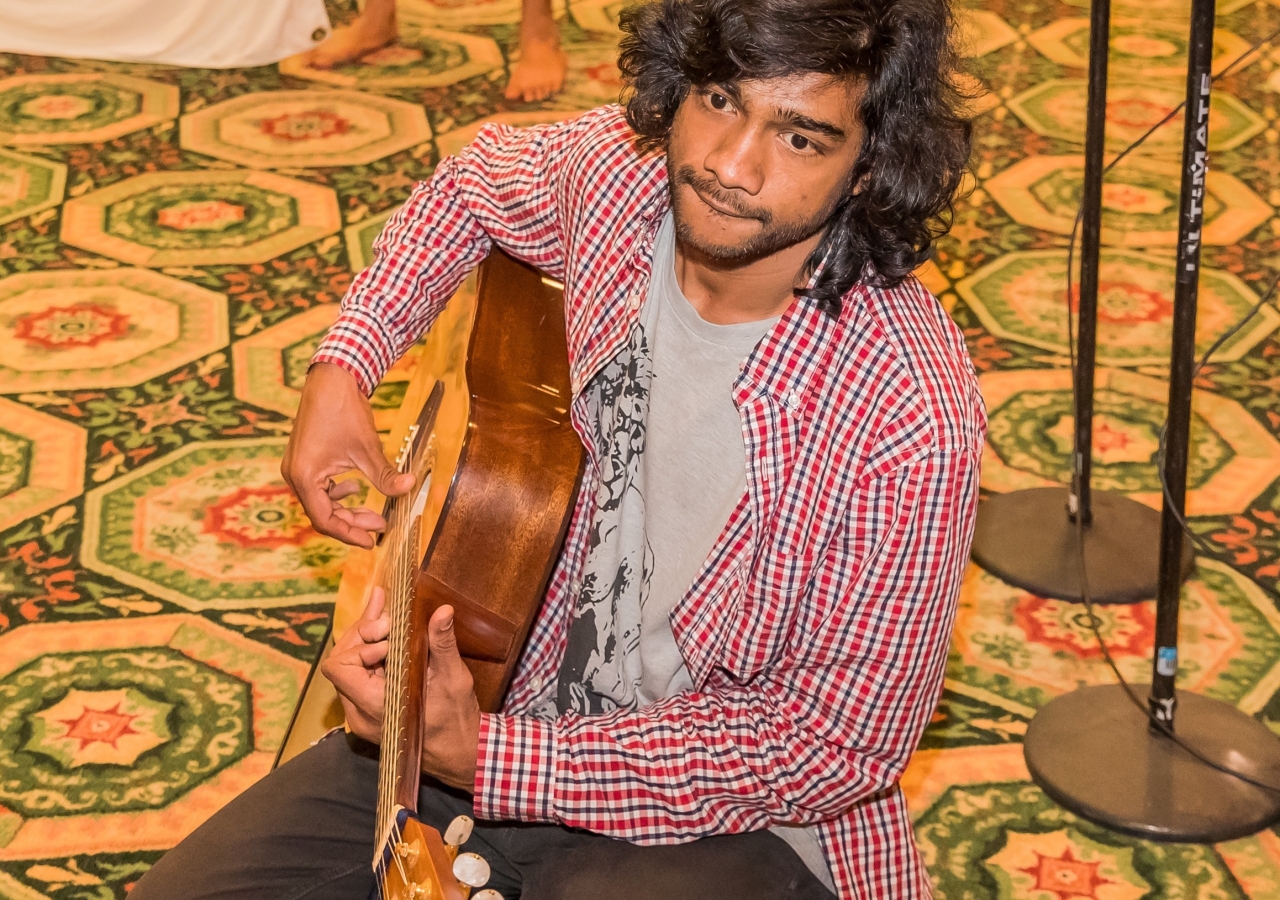 Zeeshan Ali of Karachi and resident of Toronto, Canada, plays guitar, rubab, and mandolin in "Stories." 