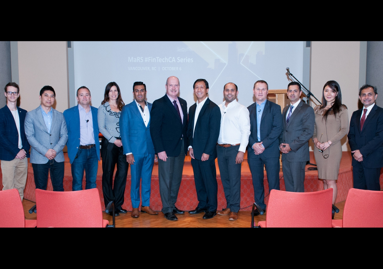 Minister Mike de Jong, MaRS FinTech Head Adam Nanjee, and Ismaili Council President Samir Manji with panelists and speakers at the MaRS FinTech event. Sultan Bhaloo