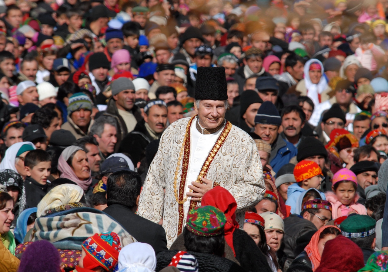 Mawlana Hazar Imam with members of the community during the Golden Jubilee Darbar in Porshinev, Tajikistan, 2008. Access to congregational worship in Jamatkhanas is restricted to those who have pledged bay’a (allegiance) to the Ismaili Imam of the Time.