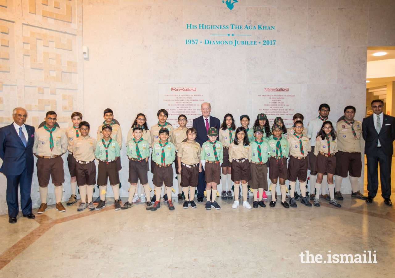 Prince Amyn, Nazim Ahmad and President Rahim Firozali at the Ismaili Centre Lisbon with the Ismaili Scouts Group