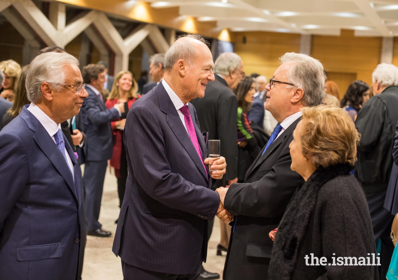 His Excellency Luís Filipe de Castro Mendes, Portugal’s Minister of Culture greets Prince Amyn at the Reception in Lisbon