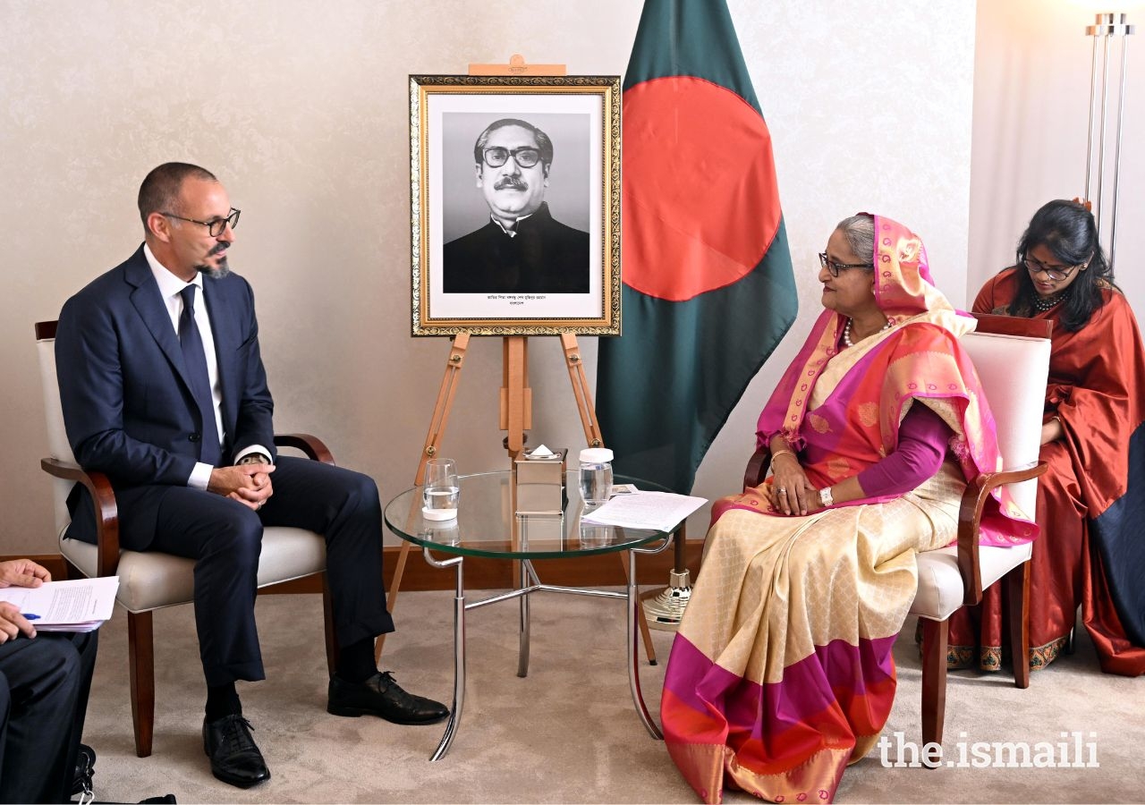 Prince Rahim and Bangladesh Prime Minister meet in Geneva, Switzerland to discuss education and climate priorities.