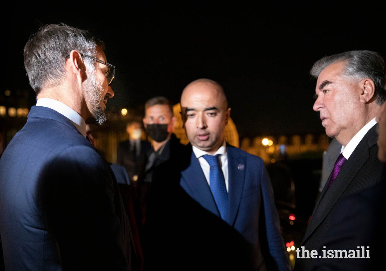 Prince Rahim and President Emomali Rahmon at the celebration to mark the 30th anniversary of Tajikistan’s independence at UNESCO’s headquarters in Paris.