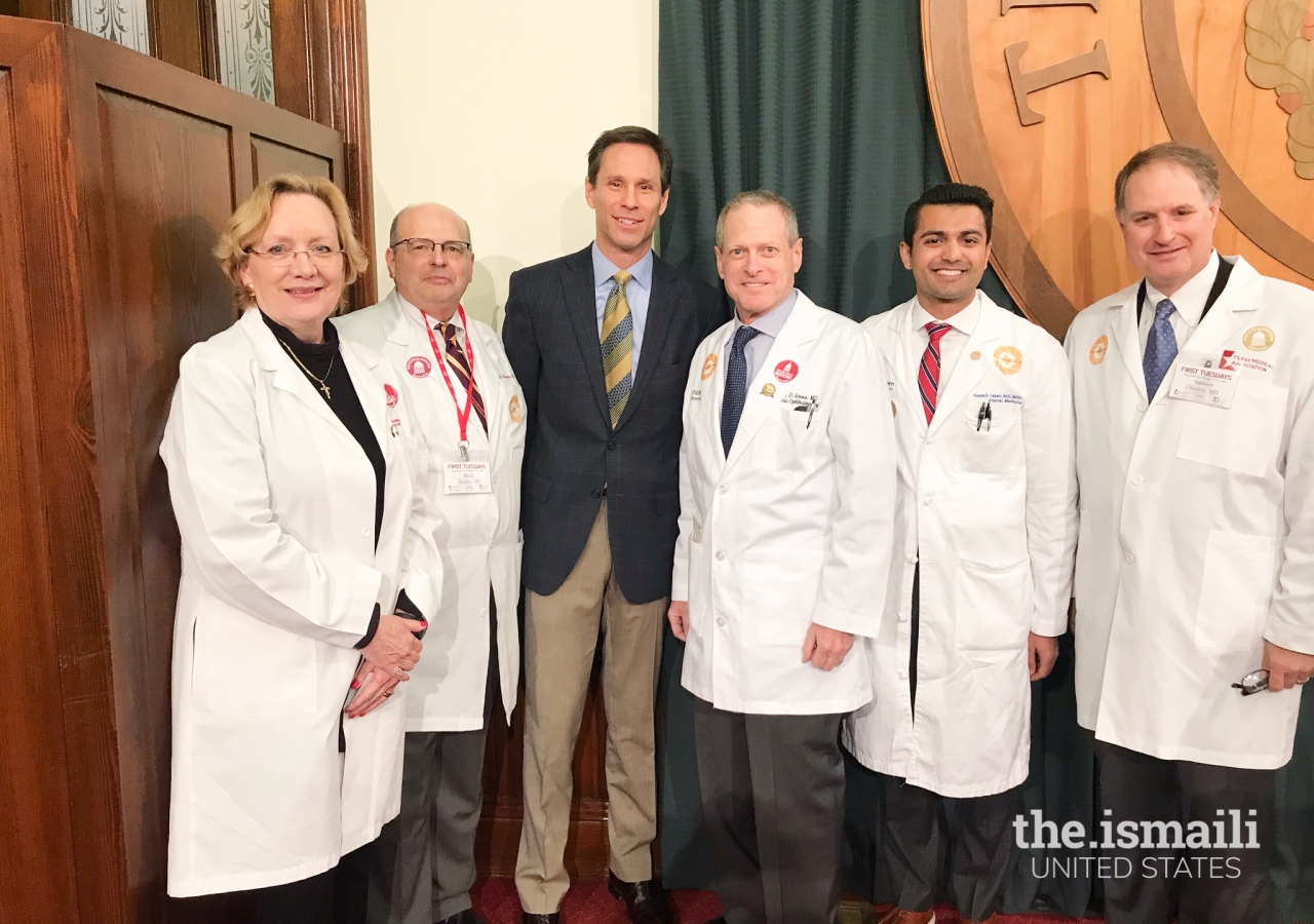 Dr. Hussain Lalani (second from right) meeting with Texas Senator Nathan Johnson. He and his colleagues were supporting a variety of Texas Medical Association priorities, such as improving health care access, increasing graduate medical education funding, and raising the age of tobacco sales from 18 to 21.
