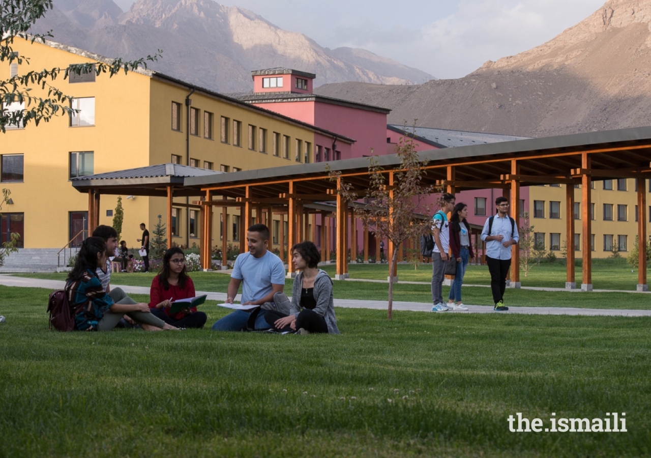 Students enjoying the outdoor landscaping at the UCA Khorog Campus.